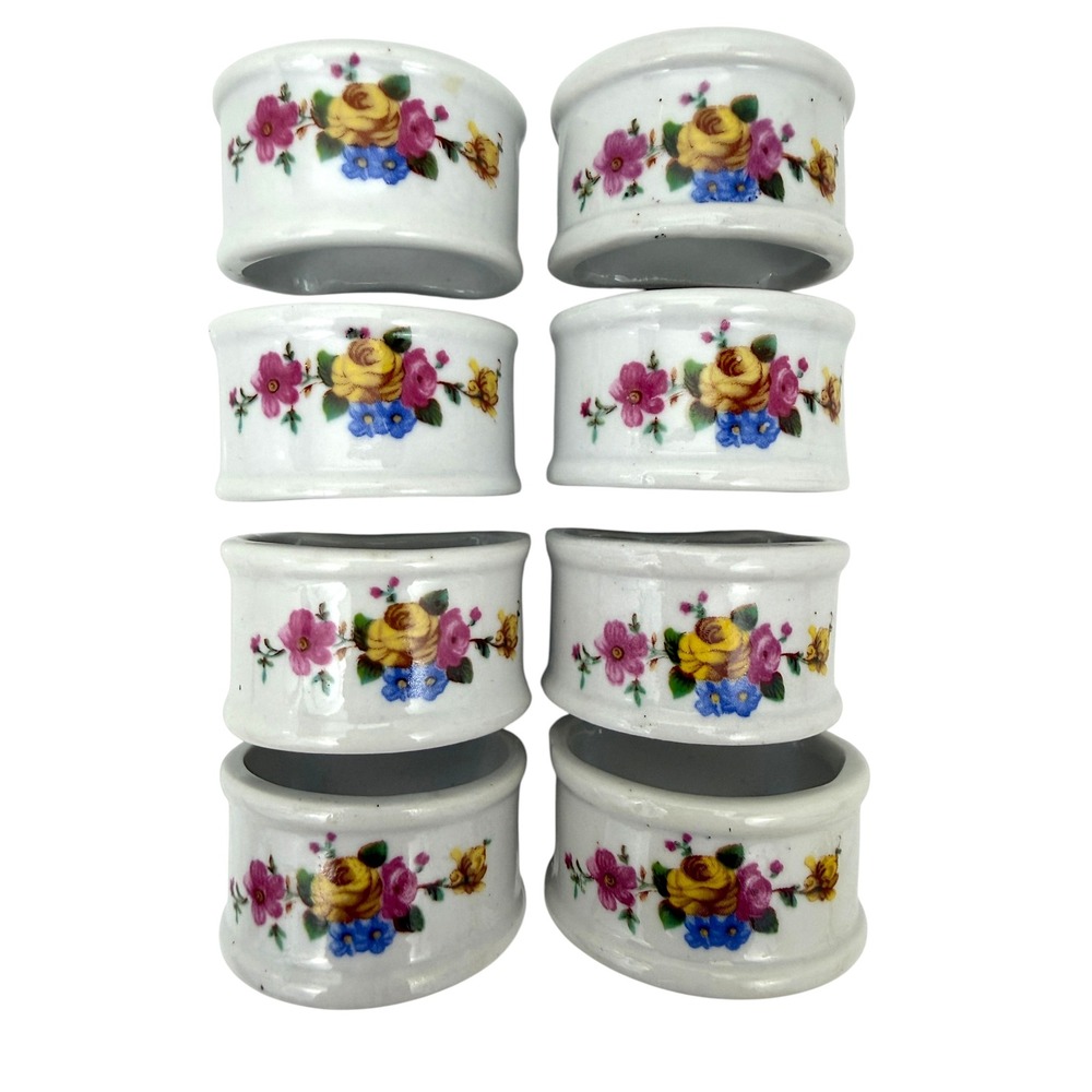 Vintage Floral Ceramic Napkin Rings Set of 8 White Porcelain Rose Garden Decor